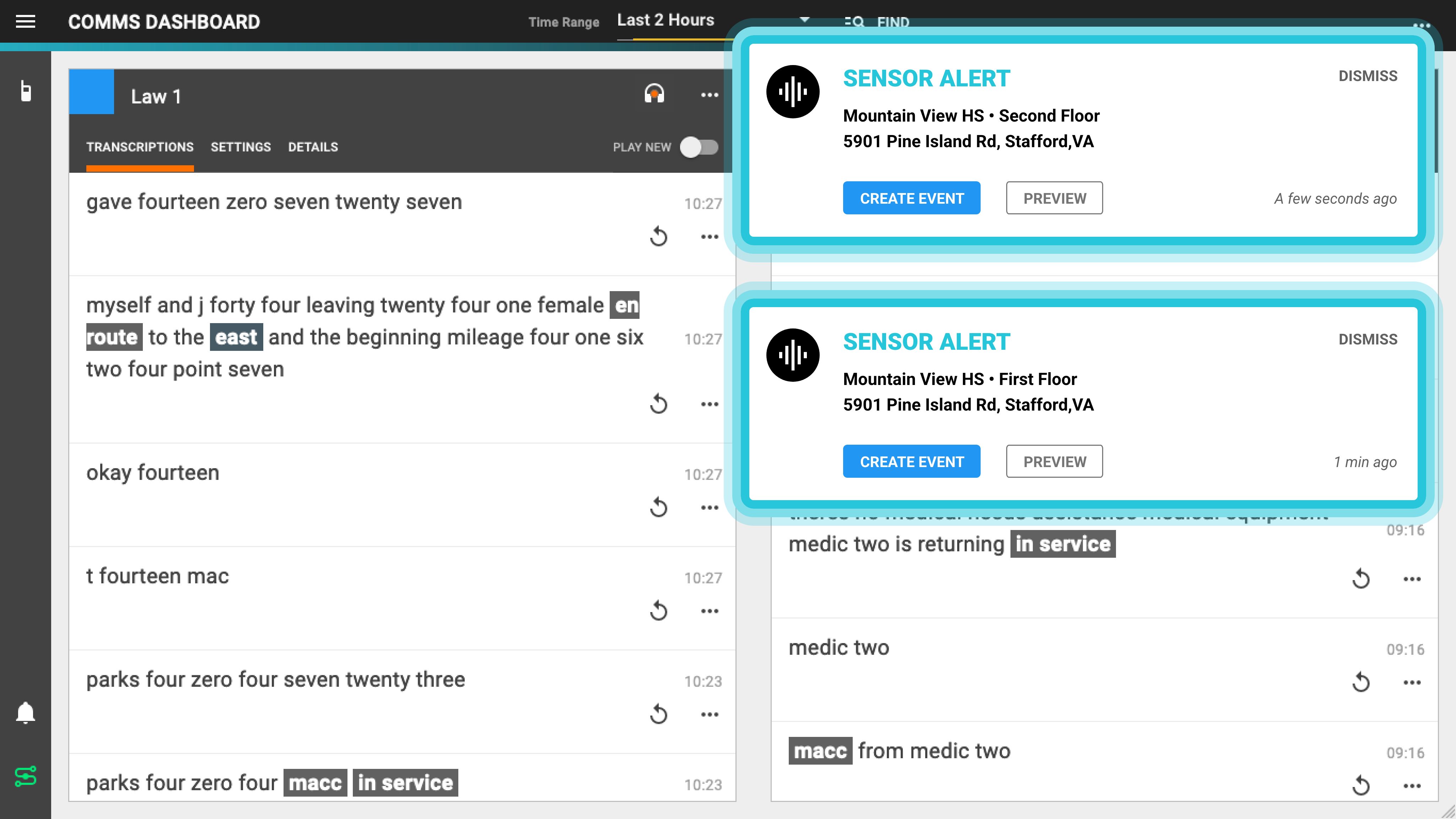 Delphini School Security View — live dashboard showing gunshot detection alert, duress alarm, PSAP tactical radio transcription, and keyword alert for lockdown