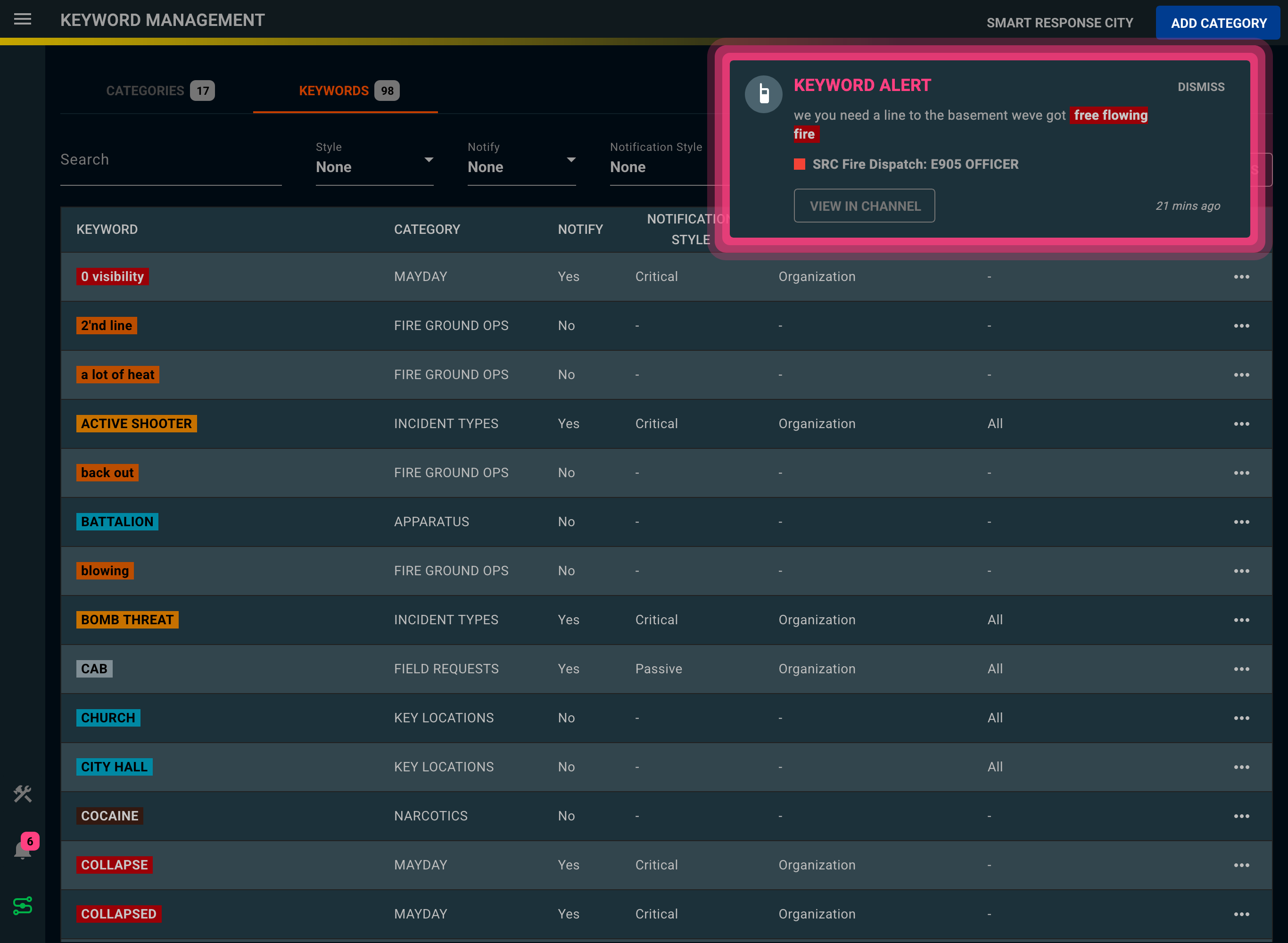 Delphini live radio transcription dashboard showing keyword configuration and a keyword alert