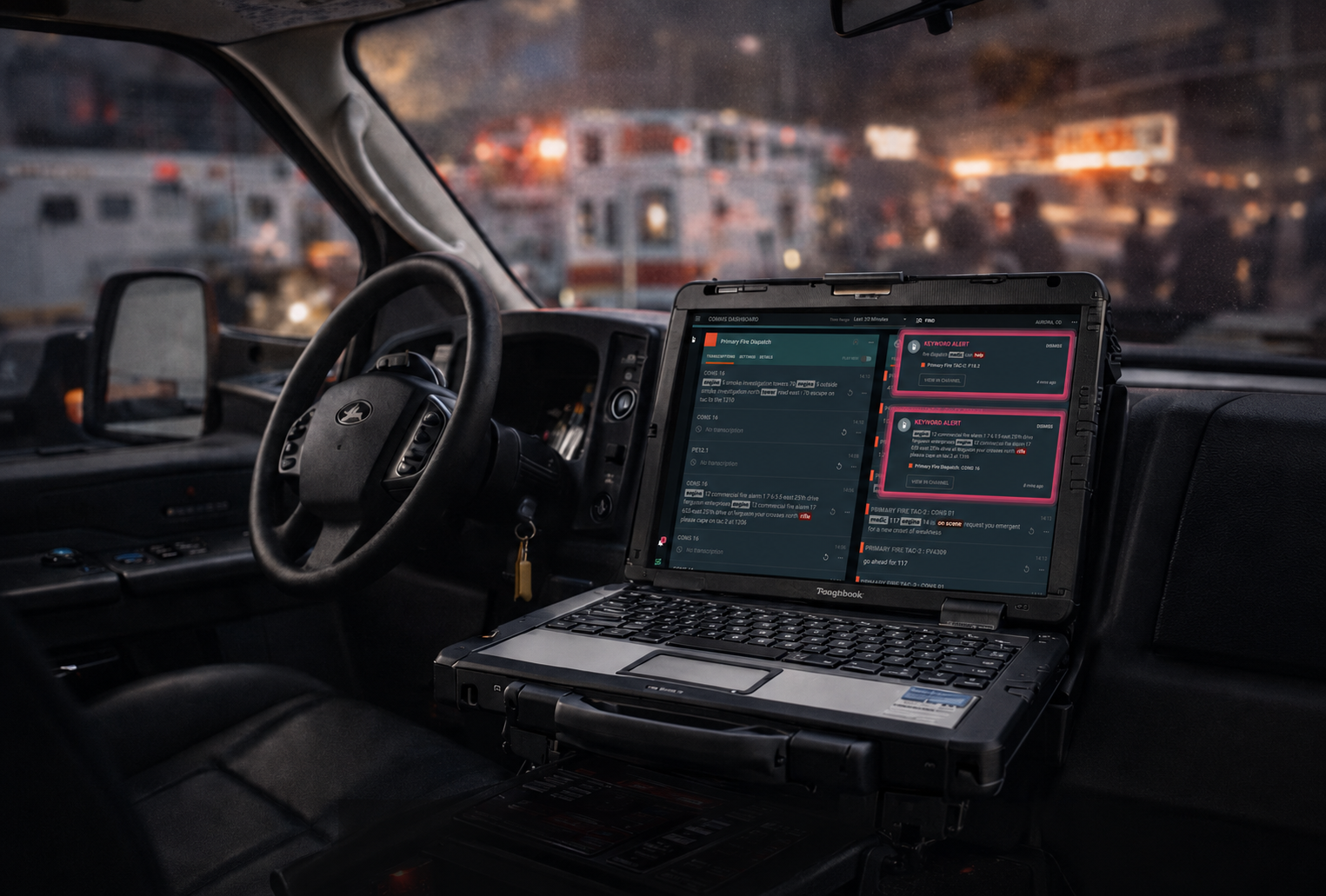 Emergency command vehicle equipped with a Panasonic Toughbook running an AI-powered fire and EMS communications dashboard featuring live radio transcription, dispatch monitoring, keyword alerts, and incident awareness during an active emergency response.