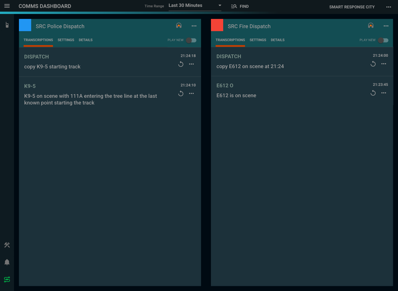 Delphini live radio transcription dashboard showing keyword alerts
