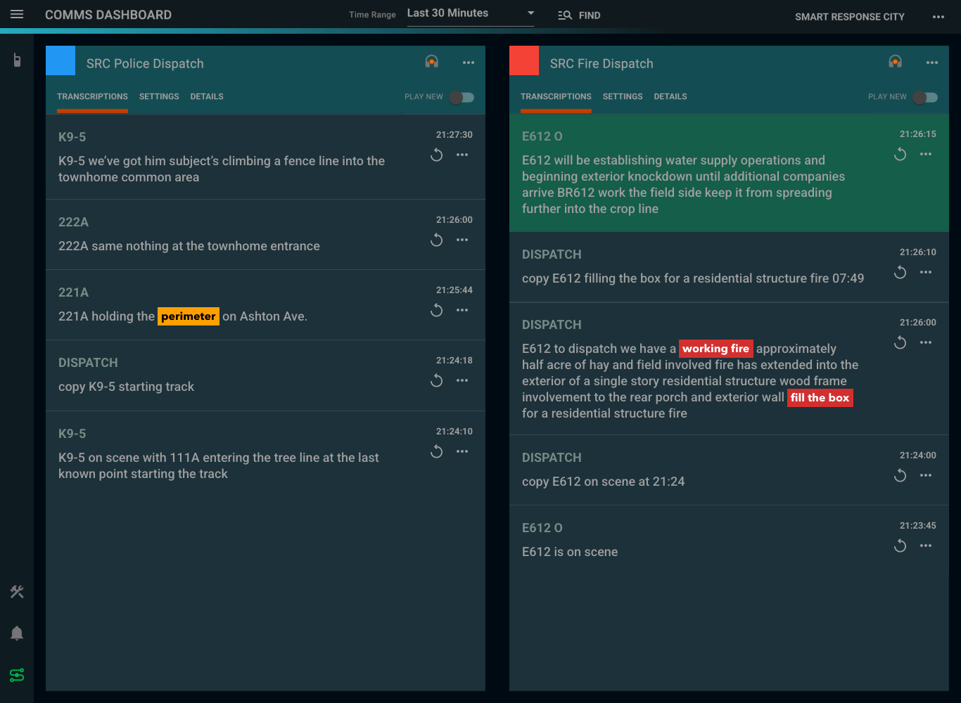 Delphini live radio transcription dashboard showing keyword alerts