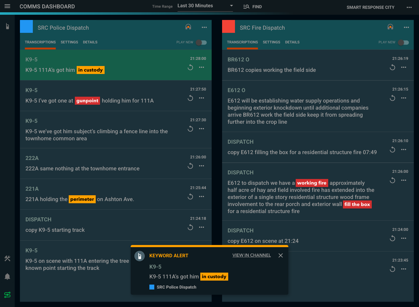 Delphini live radio transcription dashboard showing keyword alerts