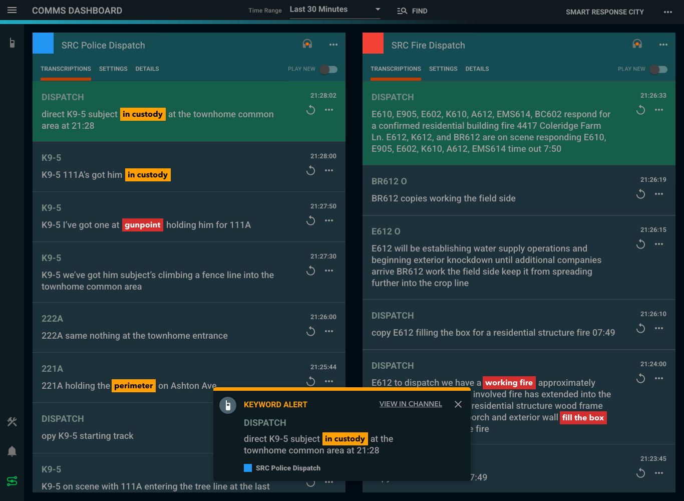 Delphini live radio transcription dashboard showing keyword alerts