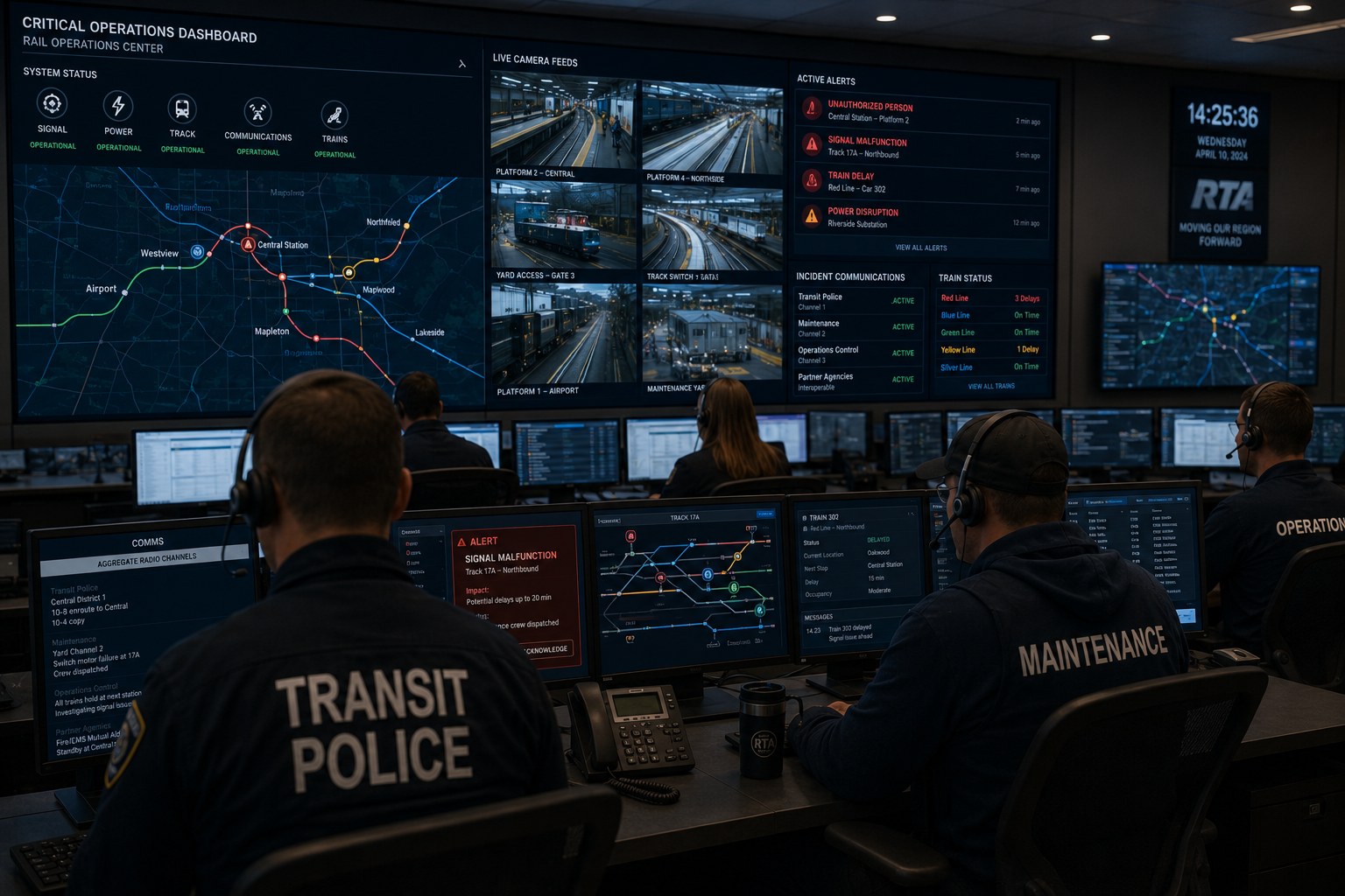 Transit police officers coordinating via radio — Delphini provides live transcription and keyword alerting across transit police, maintenance, and partner agency channels